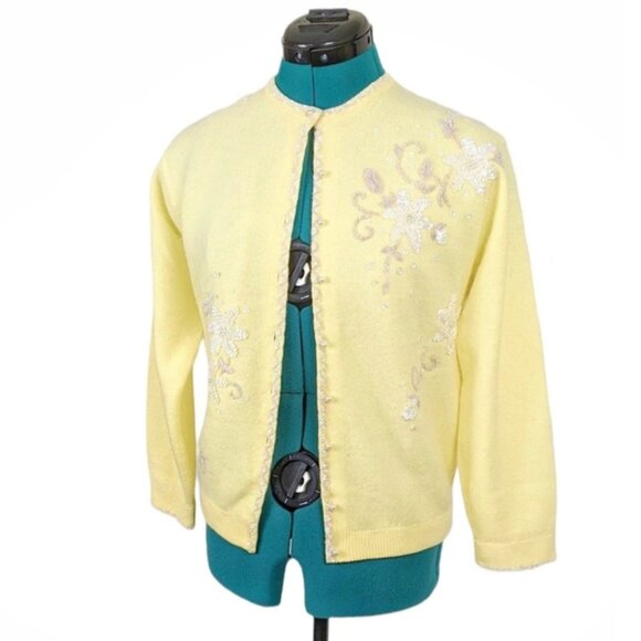 1950s Cashmere Cardigan Yellow Vintage Sweater Handmade British Crown Colony 60s - Picture 5 of 10